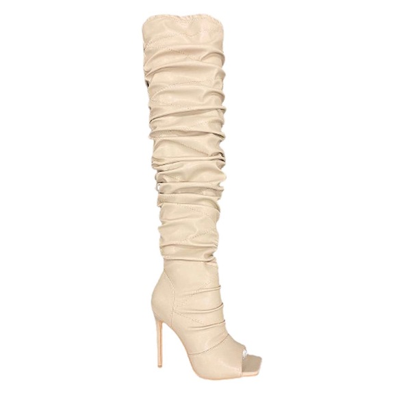 Pazzle Shoes - Pazzle Victoria Over The Knee Taupe Faux Leather Ruched Stiletto Thigh High Boot